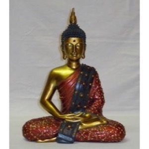 Buddha siddende guld/rødfarvet polyresin h:30cm - Se Buddha figurer og Spejle